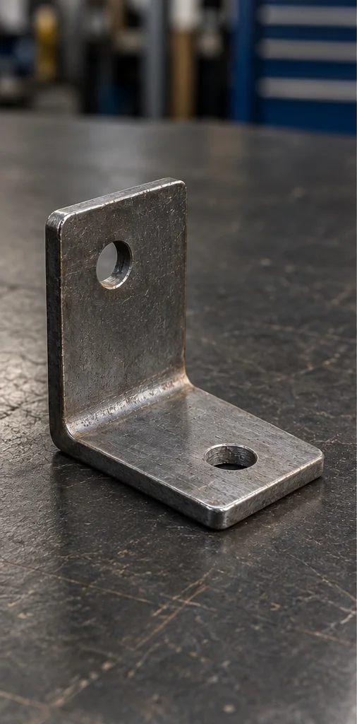 AI-generated photo example of a whole L-shaped bracket on a workbench; not Deron’s work
